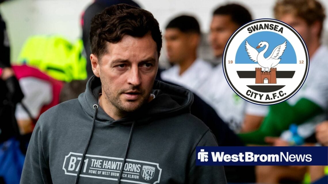 Ryan Mason alongside a circle inset of the Swansea badge.