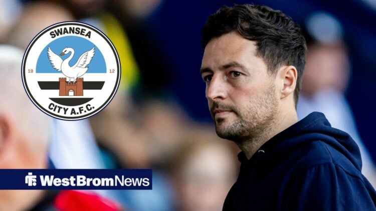 Ryan Mason alongside a circle inset of Swansea badge.