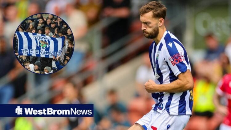 Nat Phillips alongside a circle inset of West Brom fans.