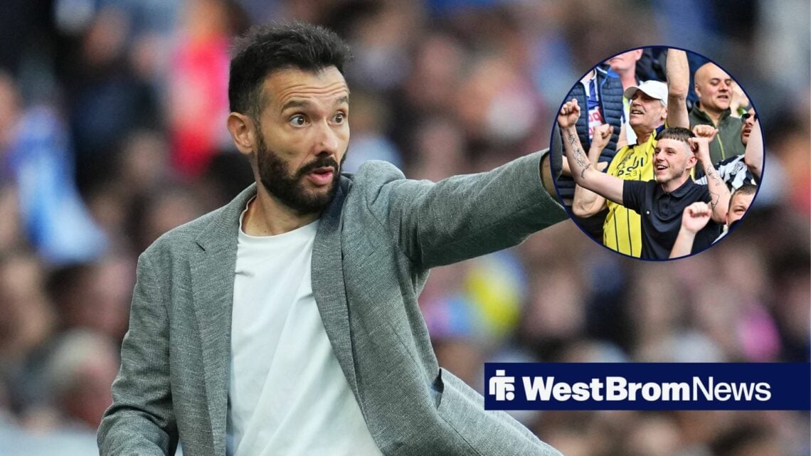 Carlos Corberan pointing with West Brom fans in circle