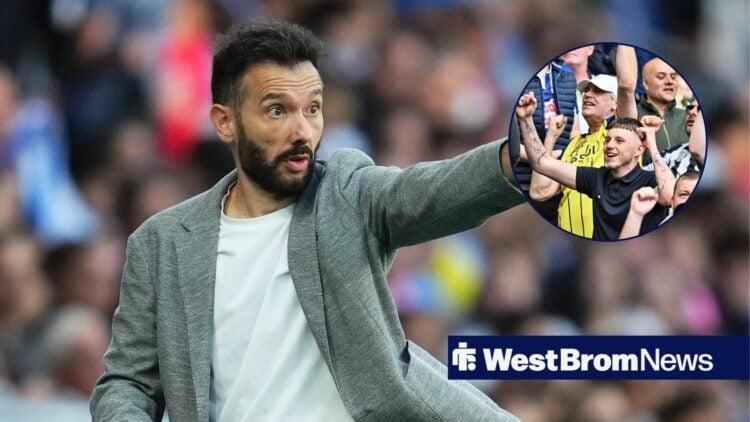 Carlos Corberan pointing with West Brom fans in circle