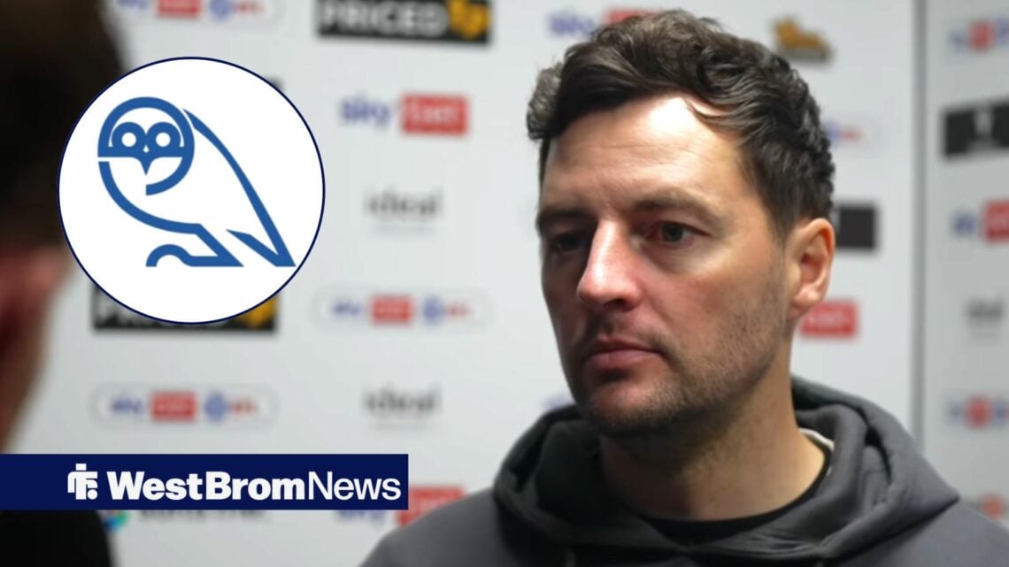 Ryan Mason looking annoyed in a press conference looking towards a Sheffield Wednesday badge in a circle inset