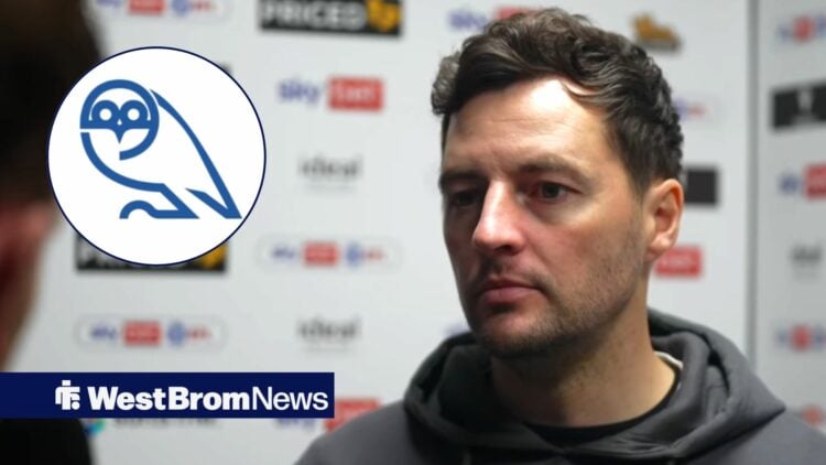 Ryan Mason looking annoyed in a press conference looking towards a Sheffield Wednesday badge in a circle inset