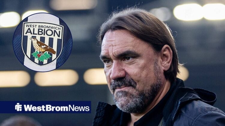 Daniel Farke looking at West Brom badge in circle