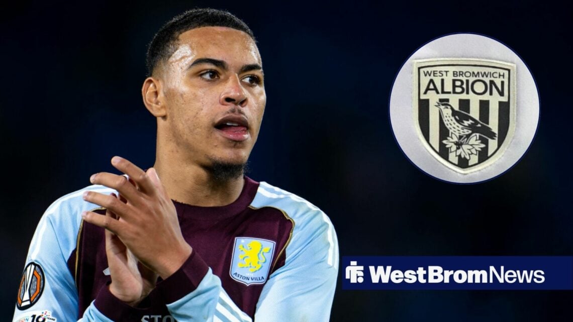 Morgan Rogers playing for Aston Villa clapping towards a West Brom badge in a circle inset