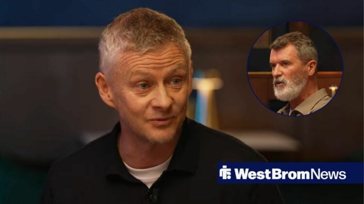 Ole Gunnar Solskjaer looks towards a circular frame of Roy Keane