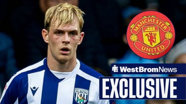 Toby Collyer playing for West Brom looking towards a Manchester United badge in a circle inset