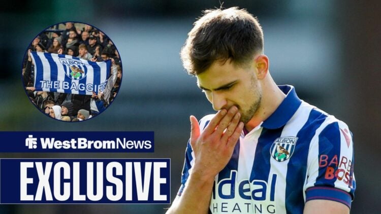 Jayson Molumby covering his face as insert of West Brom fans looms.