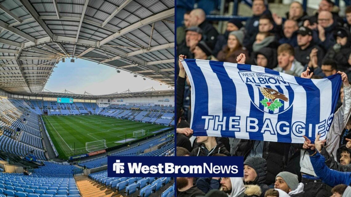 A general shot of Coventry's CBS Arena, with West Brom fans holding up a flag alongside it in a split image