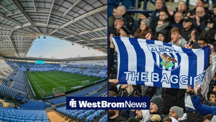 A general shot of Coventry's CBS Arena, with West Brom fans holding up a flag alongside it in a split image