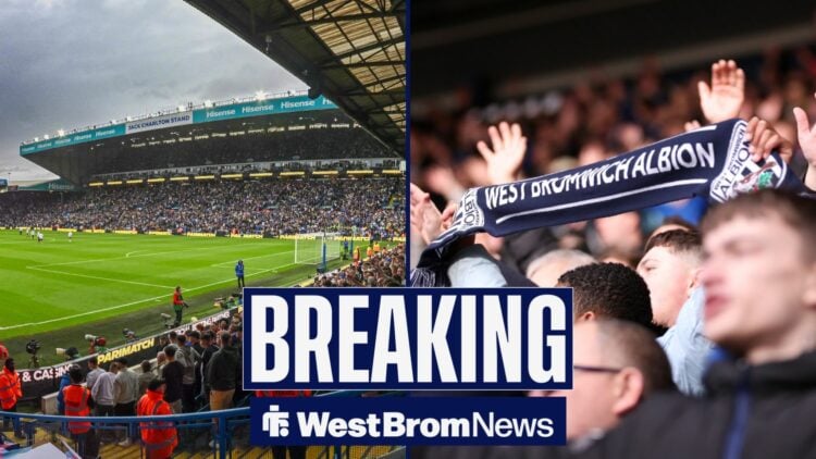 A 50:50 image of Leeds fans at Elland Road and West Brom fans cheering on their team.