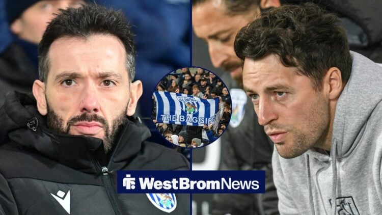 Carlos Corberan looking annoyed towards Ryan Mason looking annoyed in between a circle inset of West Brom fans holding a flag