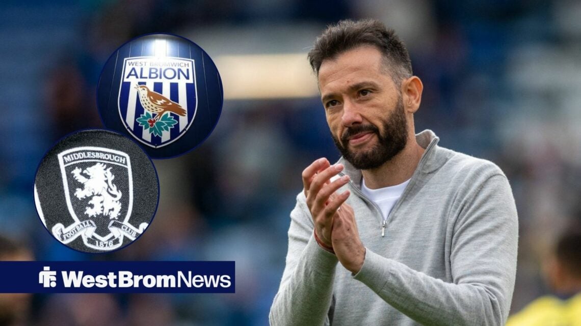 Carlos Corberan clapping, West Brom and Middlesbrough badges in inset.