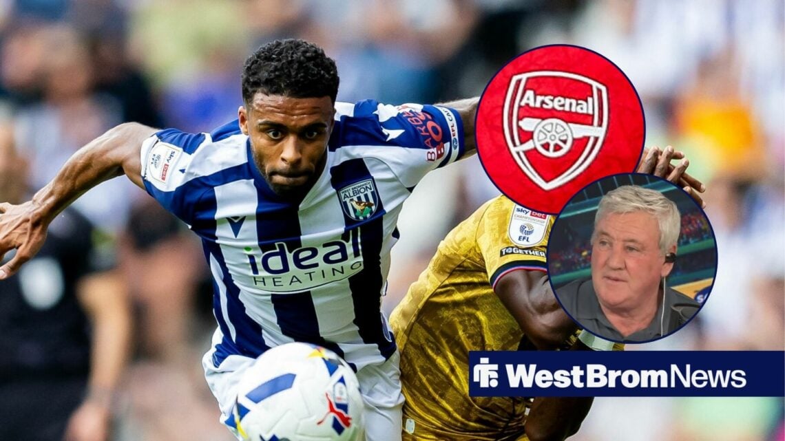 Former West Brom star Darnell Furlong in action, Arsenal badge and Steve Bruce in inset.