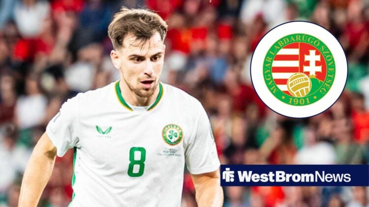West Brom star Jayson Molumby in Ireland shirt, Hungary FA badge in inset.