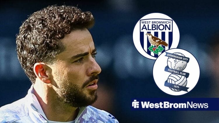 Mikey Johnston looking at West Brom and Birmingham City badges in circular insets