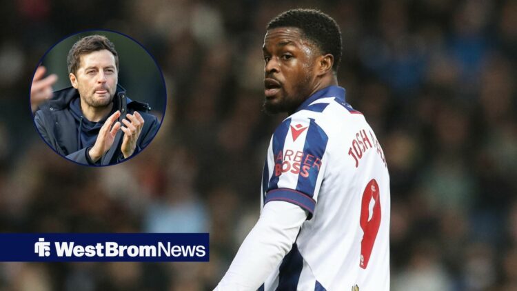 West Brom striker Josh Maja glances back towards a circular inset, where manager Ryan Mason applauds.
