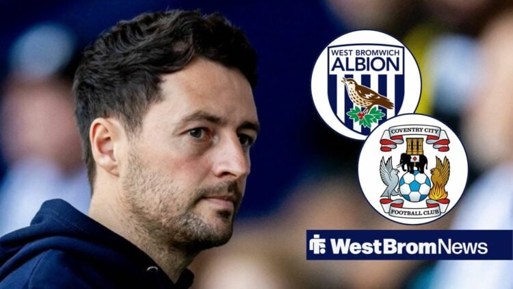 Ryan Mason looking at Coventry and West Brom badges in circular insets