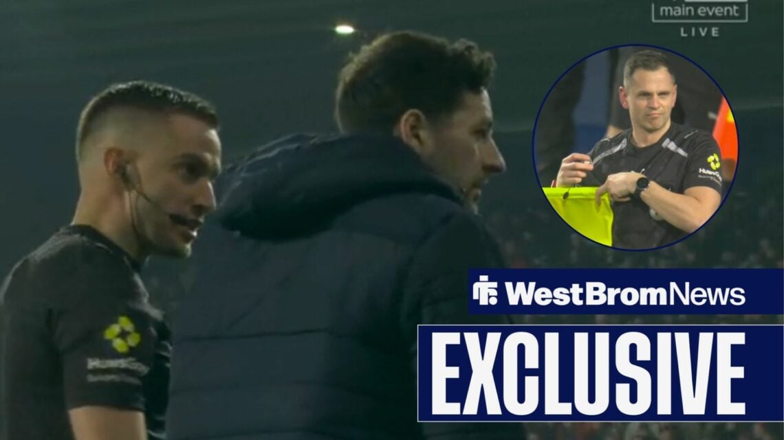 Ryan Mason in conversation with West Brom official and assistant with flag in overlay