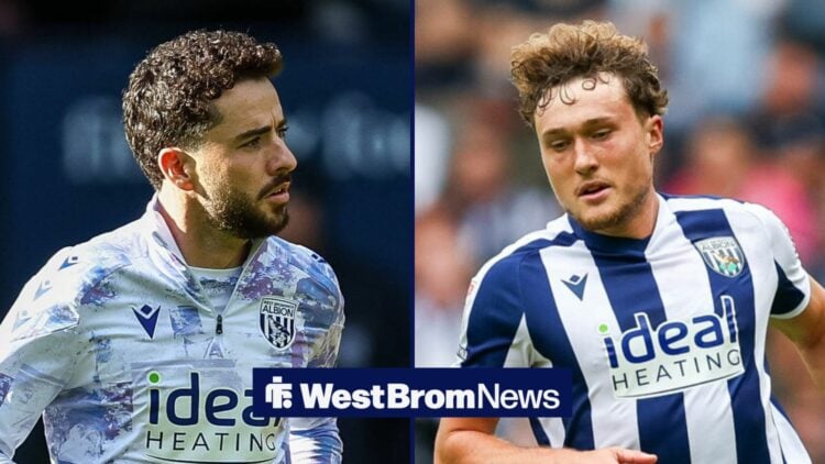 A split image as West Brom star Mikey Johnston glances across at Callum Styles, who is in action during a game.