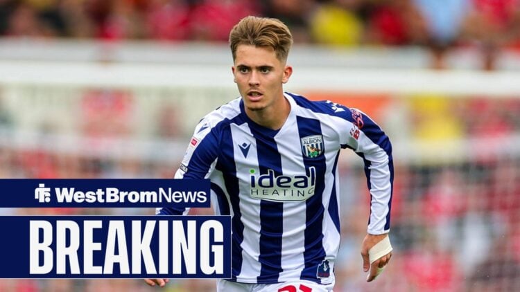 Isaac Price in a West Brom shirt with a Breaking banner