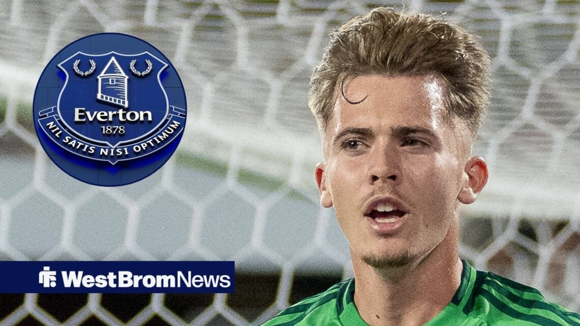 Isaac Price in action for Northern Ireland and Everton badge in circular inset