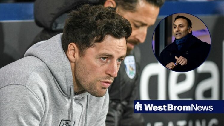 West Brom boss Ryan Mason looking miserable, Shilen Patel in inset.