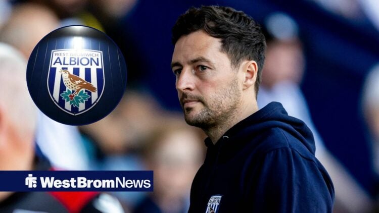 West Brom boss Ryan Mason looking moody, club badge in inset.