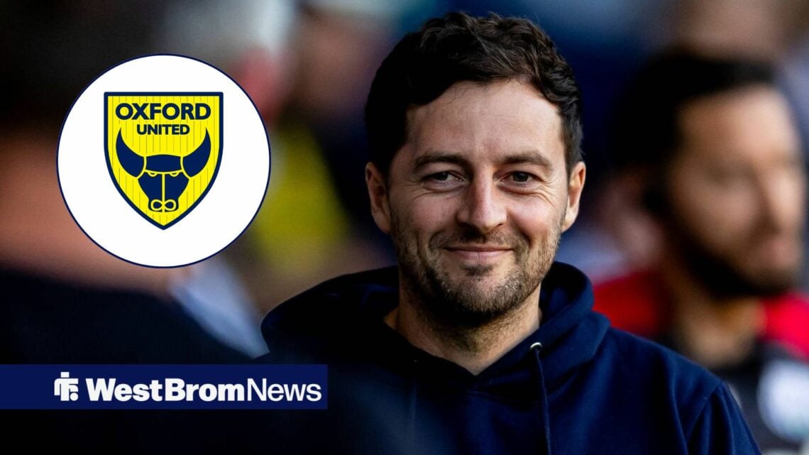 West Brom boss Ryan Mason looking happy, Oxford United badge in inset.