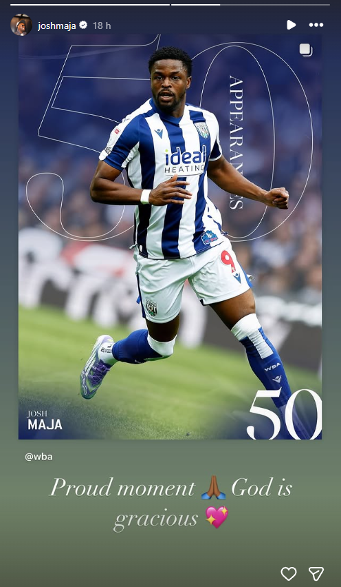 West Brom striker Josh Maja posts a story on Instagram