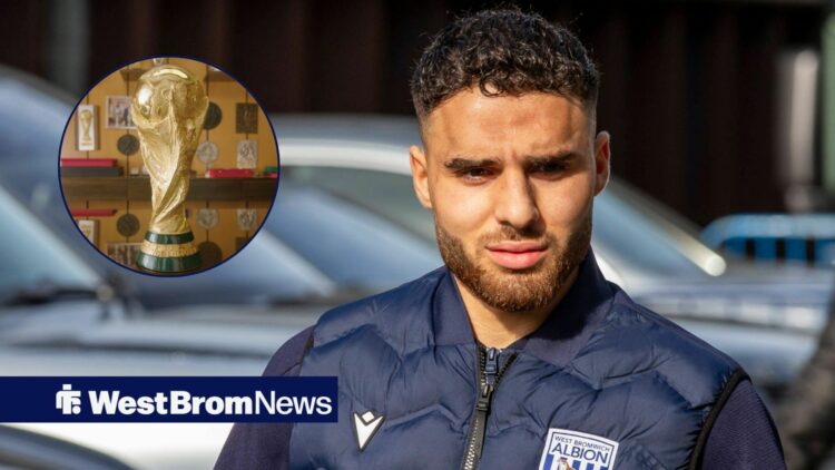 West Brom star Tammer Bany, World Cup trophy in inset.