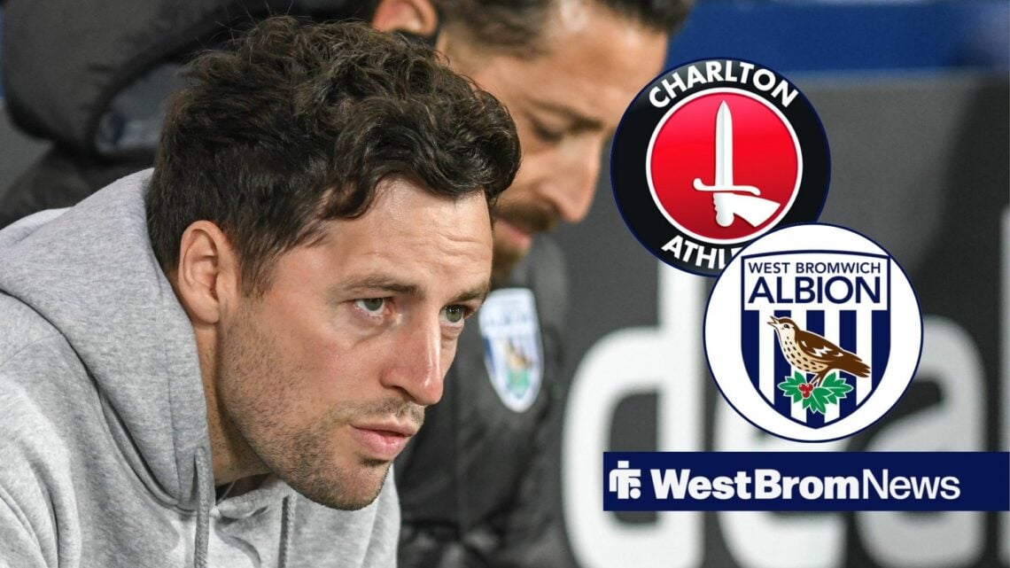 Ryan Mason looking at West Brom and Charlton Athletic badges in circular insets
