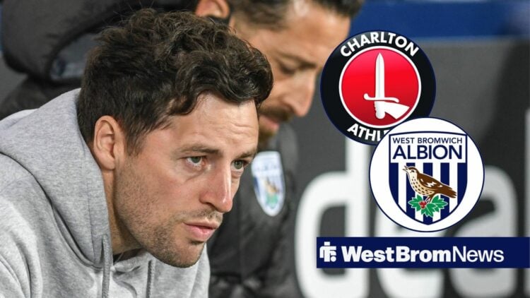 Ryan Mason looking at West Brom and Charlton Athletic badges in circular insets