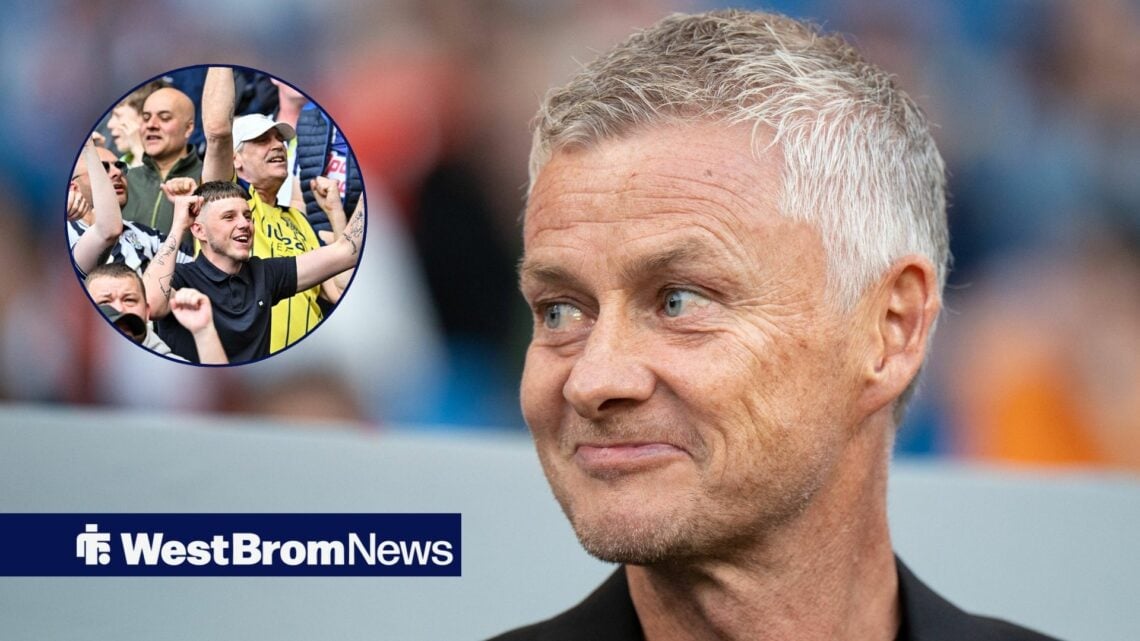 Ole Gunnar Solskjaer smiling with West Brom fans in cirlce
