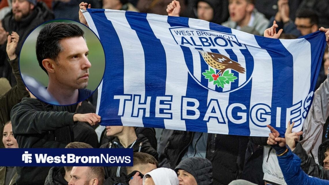 Andrew Nestor in a circular inset and West Brom fans at The Hawthorns.