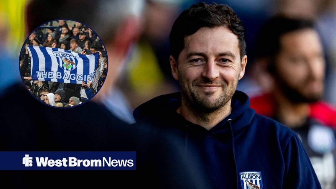 Ryan Mason smiling at West Brom banner in circle