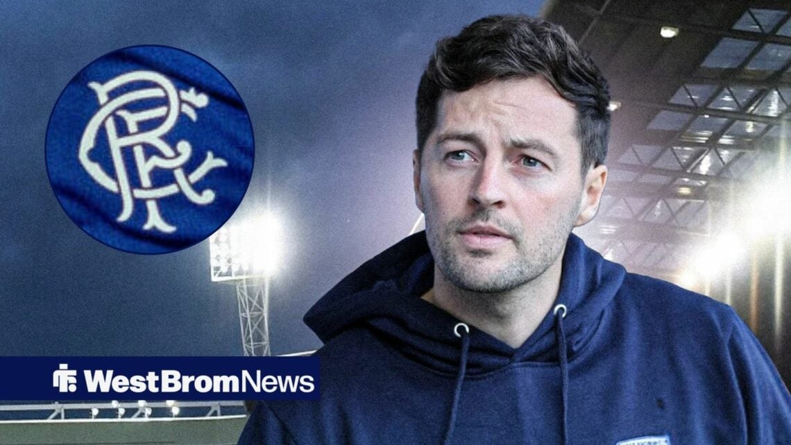 West Brom manager Ryan Mason at The Hawthorns looking towards a circle inset of the Rangers badge