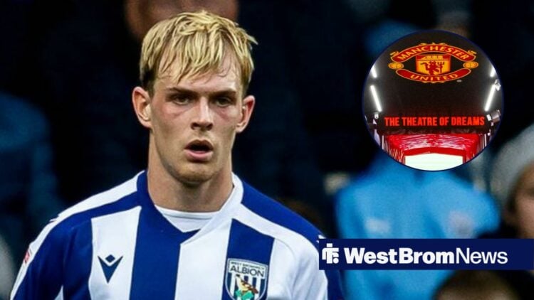 Toby Collyer playing for West Brom looking towards a circle inset of Manchester United badge at Old Trafford
