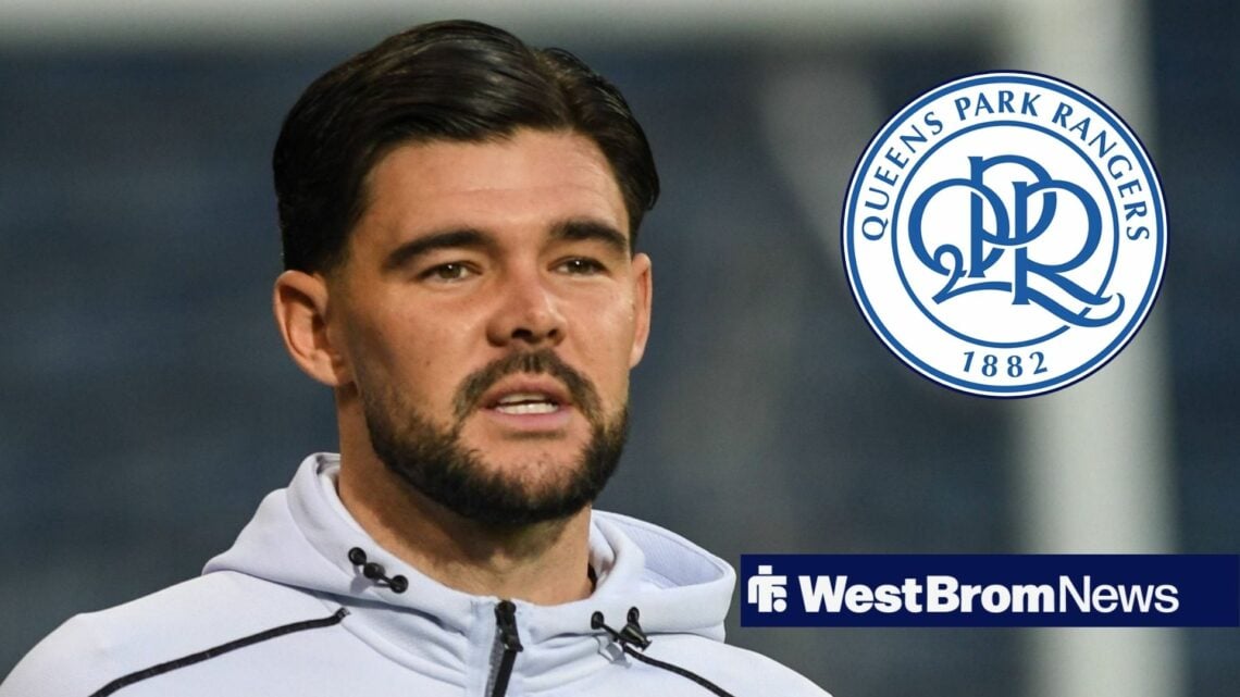 Alex Mowatt alongside a circle inset of the QPR badge.
