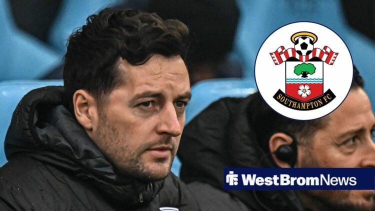 Ryan Mason looking at Southampton logo with a concerned expression.