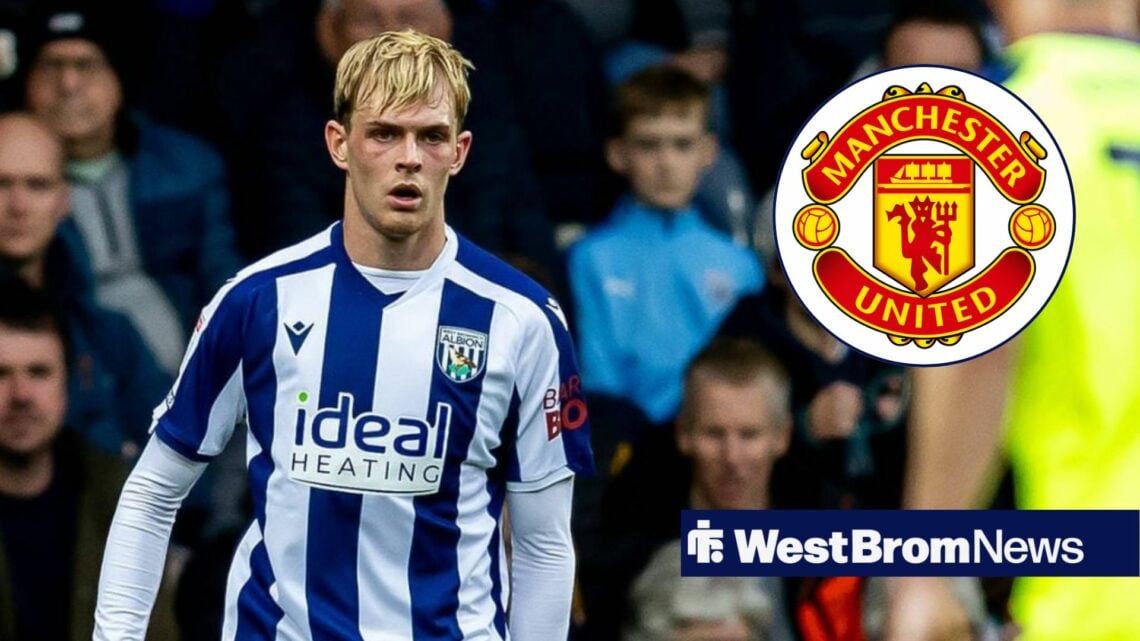 Toby Collyer alongside a circle inset of the Man United badge.