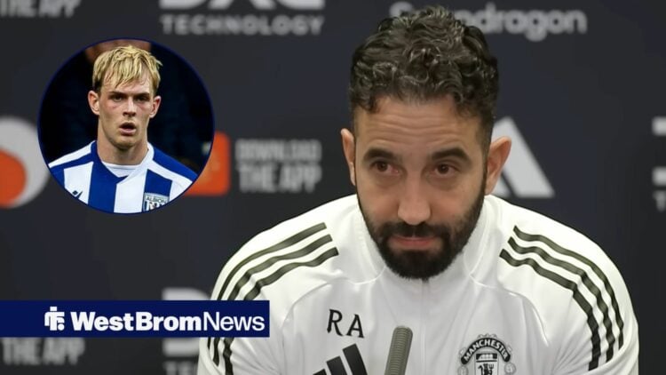 Ruben Amorim speaking in a West Brom press conference looking towards a circle inset of Toby Collyer playing for West Brom