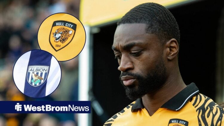 Semi Ajayi with Hull and West Brom badge in frame