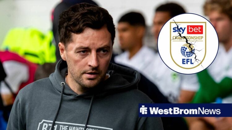 Ryan Mason looking annoyed towards a circle inset of the Championship badge