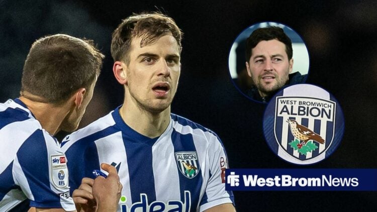 Jayson Molumby alongside a West Brom crest and a picture of Ryan Mason