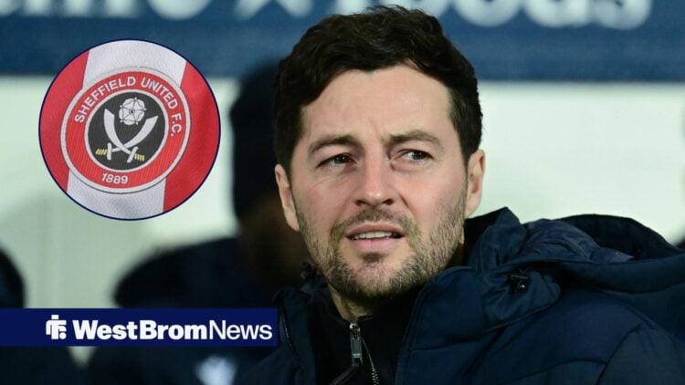 Ryan Mason looking away from Sheffield United badge in circle