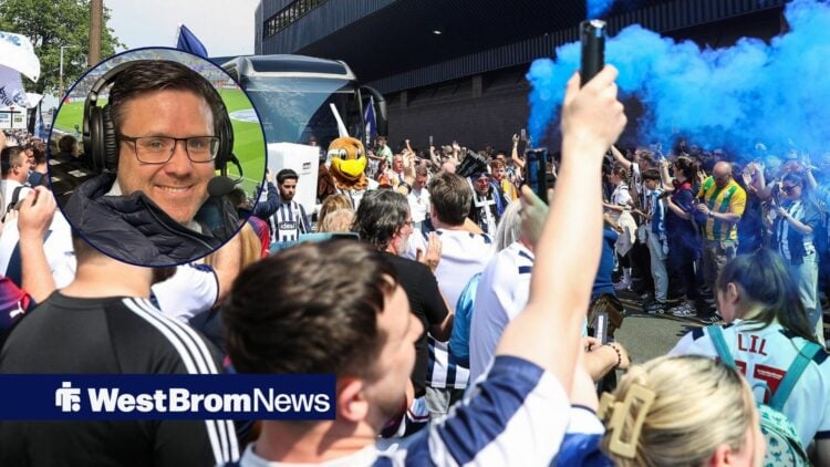 West Brom fans at The Hawthorns alongside a circle inset of Steve Hermon