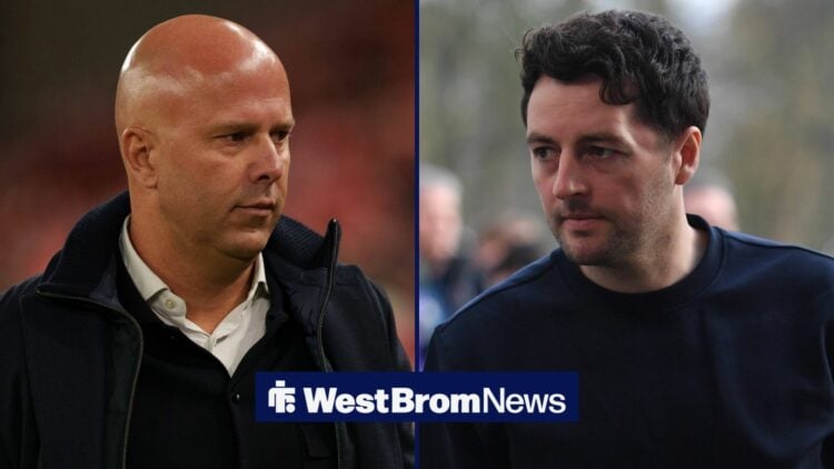 Arne Slot and Ryan Mason looking at one another.