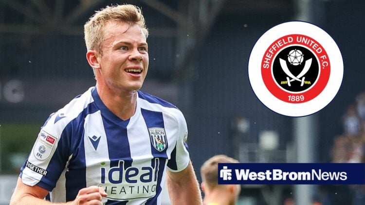 West Brom star Aune Heggebo celebrates, Sheffield United badge in inset.