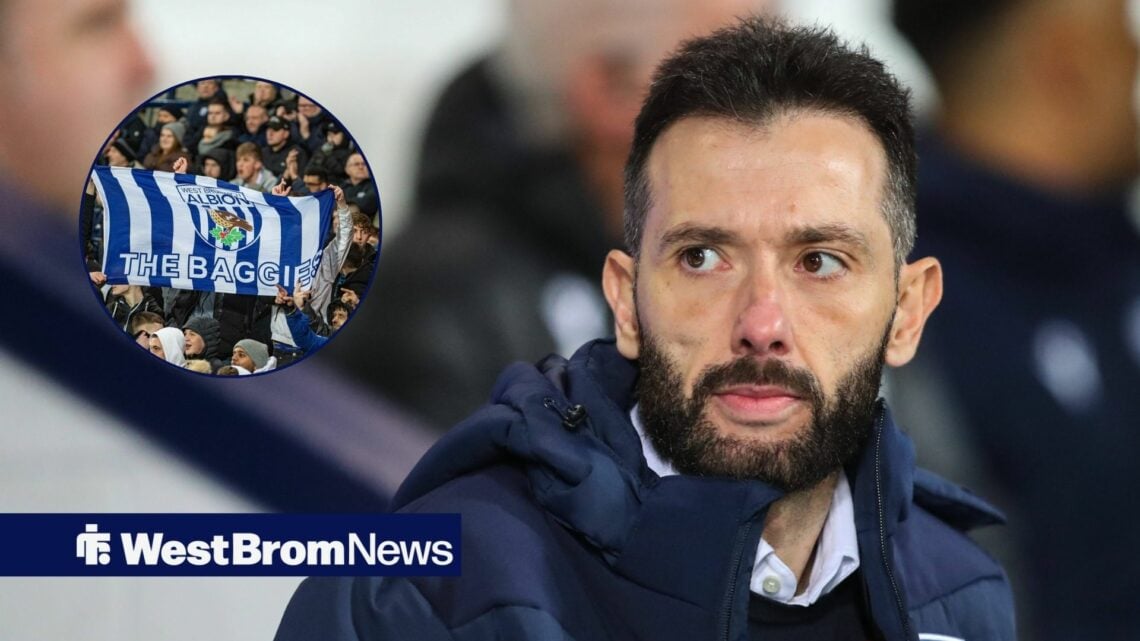 Carlos Corberan looking moody, West Brom fans in inset.